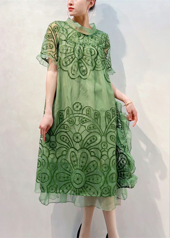 Organic Green Stand Collar Embroidered Patchwork Tulle Dresses Summer