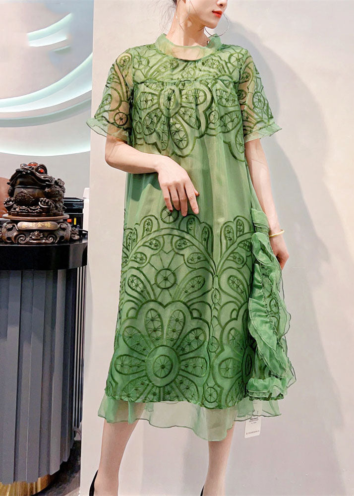 Organic Green Stand Collar Embroidered Patchwork Tulle Dresses Summer