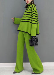 Organic Green Turtle Neck Striped wide leg pants Knit Two Pieces Set Spring