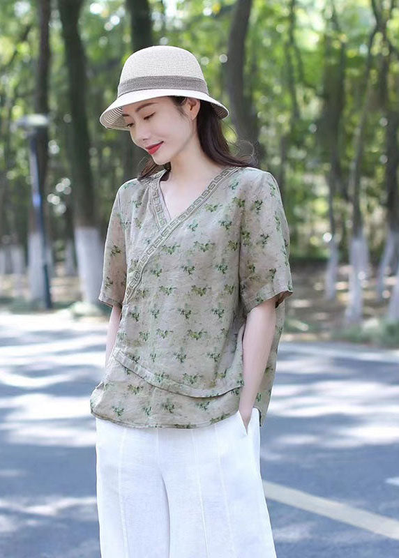 Organic Green V Neck Embroidered Patchwork Linen Tops Summer