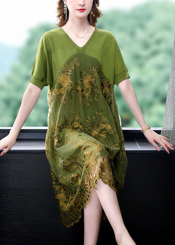 Organic Green V Neck Embroidered Patchwork Tulle Dress Summer