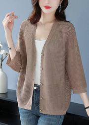 Organic Green V Neck Hollow Out Patchwork Knit Cardigan Summer