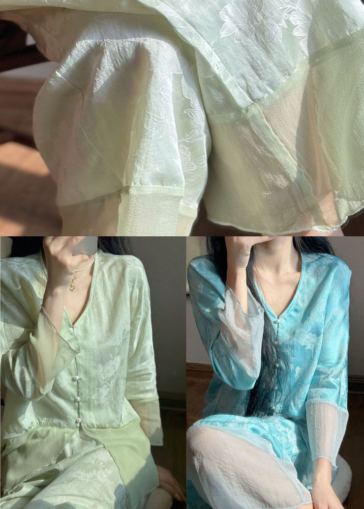 Organic Green V Neck Jacquard Patchwork Silk Two Pieces Set Pajamas Spring