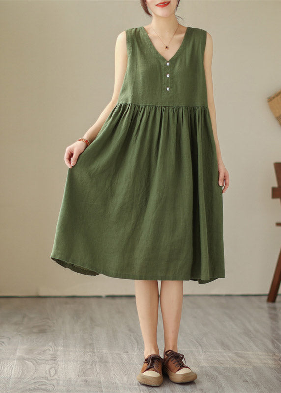 Organic Green V Neck Patchwork Wrinkled Solid Cotton Long Dress Summer