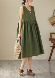 Organic Green V Neck Patchwork Wrinkled Solid Cotton Long Dress Summer