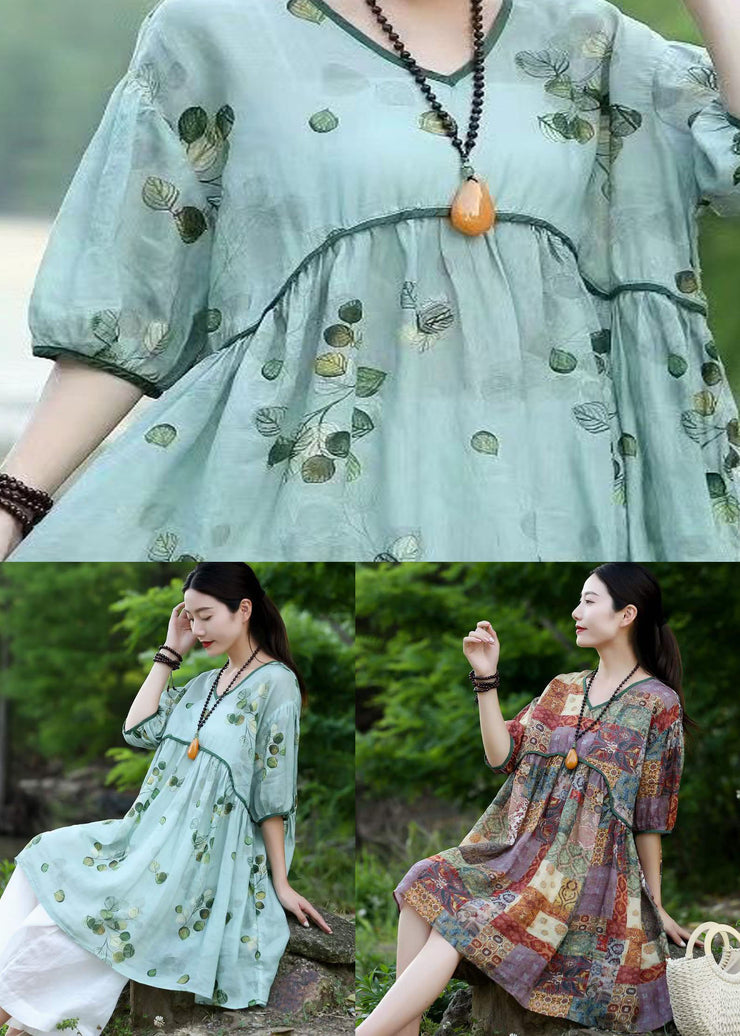 Organic Green V Neck Print Patchwork Linen Dresses Summer
