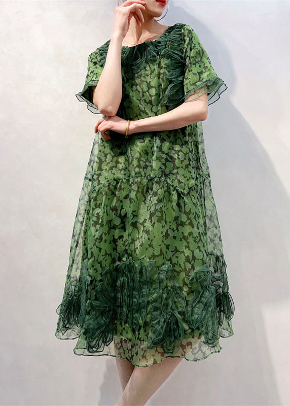 Organic Green Wrinkled Decorated Print Patchwork Tulle Dress Summer