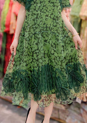 Organic Green Wrinkled Decorated Print Patchwork Tulle Dress Summer