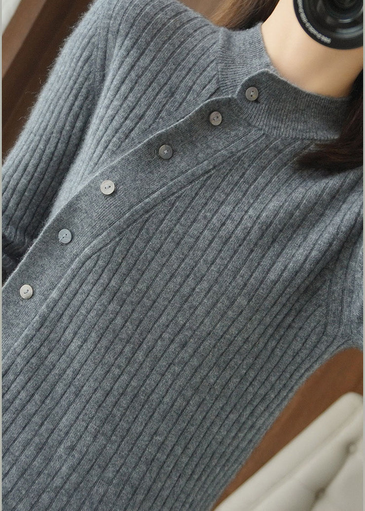 Organic Grey Asymmetrical Button Woolen Knit top Winter