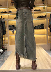 Organic Grey Asymmetrical Patchwork Sashes Tassel Sequins Denim Maxi Skirt