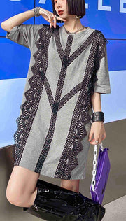 Organic Grey Cotton Patchwork Lace Summer Ankle Dress - SooLinen