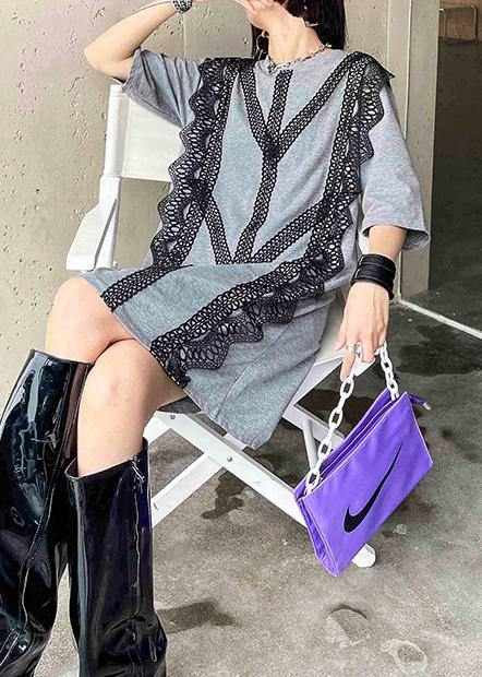 Organic Grey Cotton Patchwork Lace Summer Ankle Dress - SooLinen