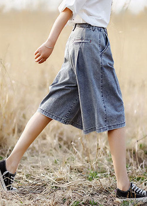 Organic Grey Elastic Waist Pockets Cotton Denim Crop Pants Summer