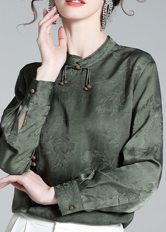 Organic Grey Green Stand Collar Jacquard Silk Shirt Long Sleeve