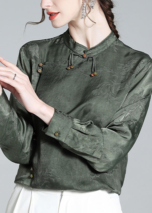 Organic Grey Green Stand Collar Jacquard Silk Shirt Long Sleeve