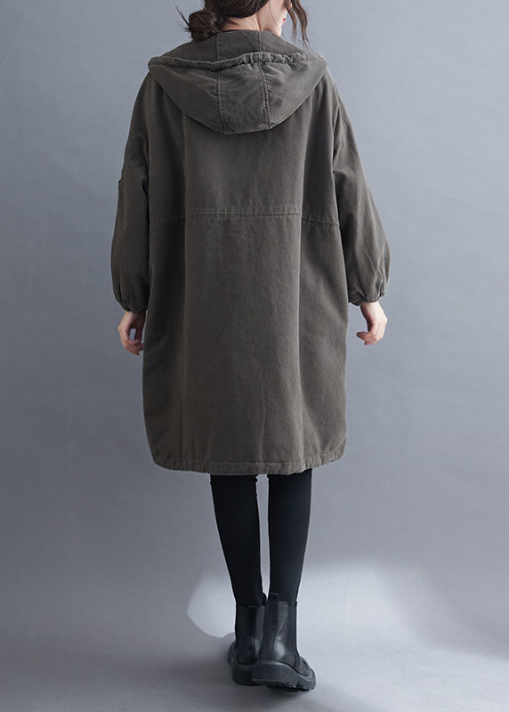 Organic Grey Hooded Zippered Pockets Winter Long sleeve Coat