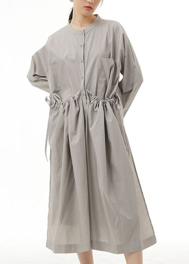 Organic Grey Pockets Wrinkled Patchwork Cotton  Dress Spring