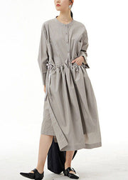 Organic Grey Pockets Wrinkled Patchwork Cotton  Dress Spring