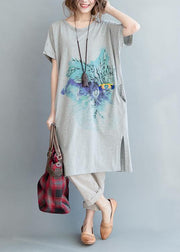 Organic Grey Print Cotton side open Summer Vacation Dresses - SooLinen