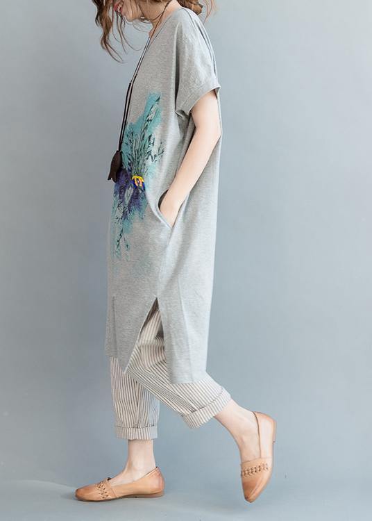 Organic Grey Print Cotton side open Summer Vacation Dresses - SooLinen