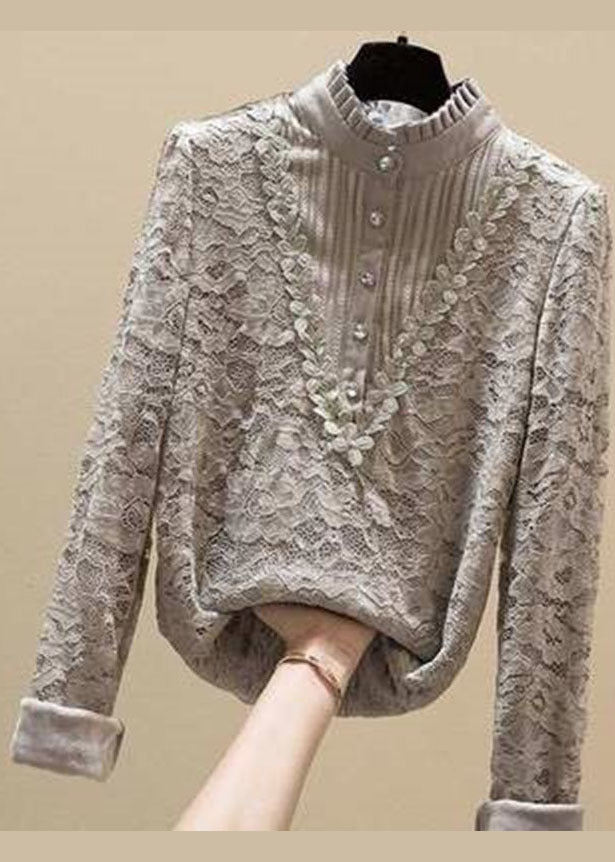 Organic Grey Stand Collar Patchwork Warm Fleece Lace Shirt Top Long Sleeve