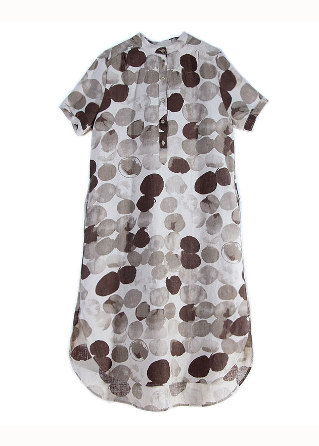 Organic Grey Stand Collar Print Patchwork Linen Dresses Summer