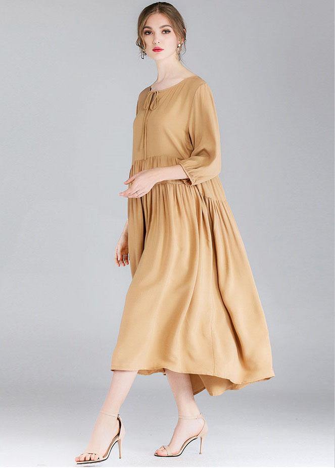 Organic Khaki Drawstring low High Design Spring Holiday Dress Three Quarter Sleeve - SooLinen