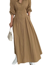 Organic Khaki Peter Pan Collar Wrinkled Patchwork Cotton Long Dresses Spring