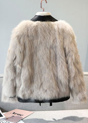 Organic Khaki Peter Pan Collar Zippered Patchwork Fuzzy Fur Fluffy Coat Winter