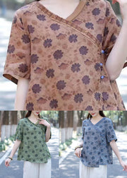 Organic Khaki Print Button Patchwork Linen Shirts Short Sleeve