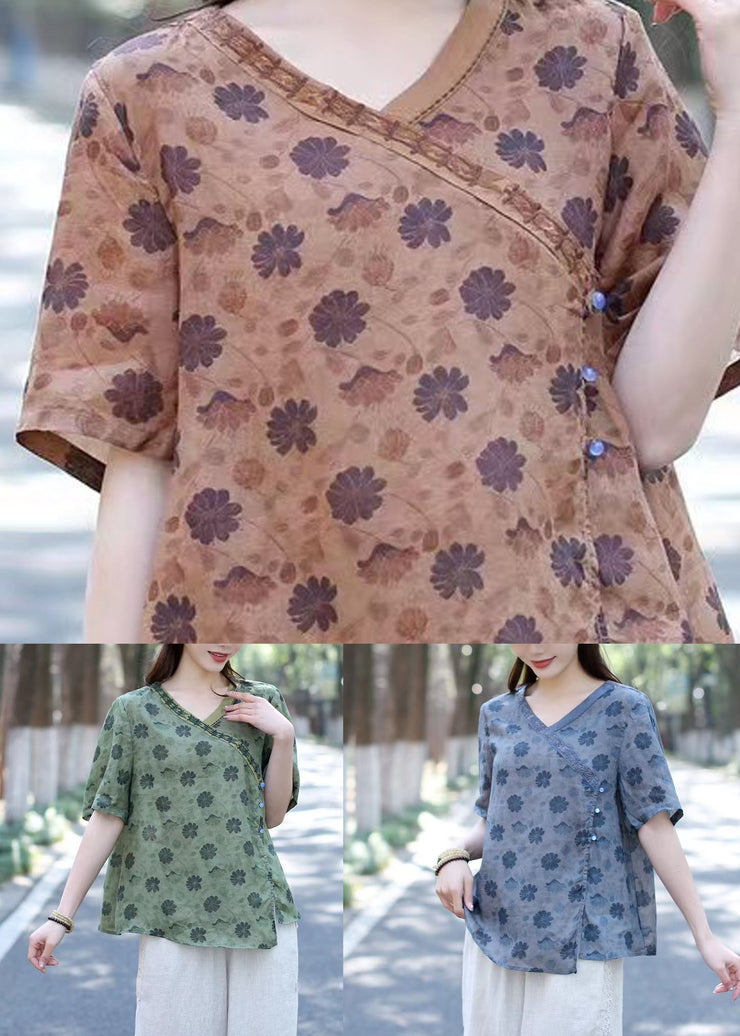 Organic Khaki Print Button Patchwork Linen Shirts Short Sleeve