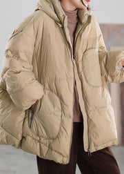 Organic Khaki Stand Collar Zippered Patchwork Hooded Duck Down Down Coat Winter