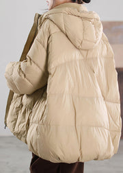 Organic Khaki Stand Collar Zippered Patchwork Hooded Duck Down Down Coat Winter