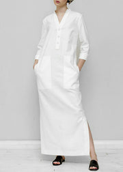 Organic Khaki V Neck Pockets Patchwork Cotton Dress Spring