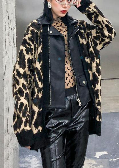 Organic Leopard Fashion Coats Women Cotton lapel zippered outwear - SooLinen
