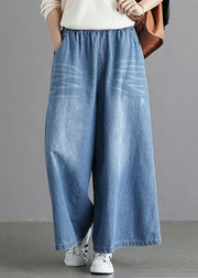 Organic Light Blue Elastic Waist Pockets Cotton Wide Leg Denim Pants Spring