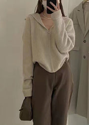 Organic Light Camel Sailor Collar Zippered Thick Knit Sweater Coats Long Sleeve