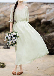 Organic Light Green V Neck Pockets Ankle Summer Linen Dress - SooLinen