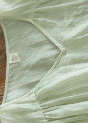 Organic Light Green V Neck Pockets Ankle Summer Linen Dress - SooLinen
