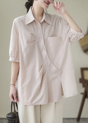 Organic Light Pink Asymmetrical Design Oversized Cotton Shirt Tops Half Sleeve