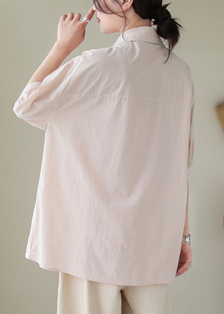 Organic Light Pink Asymmetrical Design Oversized Cotton Shirt Tops Half Sleeve