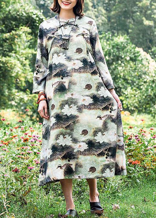 Organic Lotus Quilting Dresses Stand Collar Chinese Button Robes Spring Dresses - SooLinen