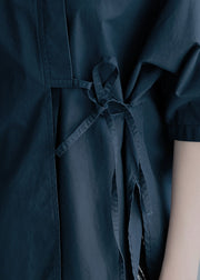 Organic Navy Cinched Solid Cotton Blusen mit halben Ärmeln