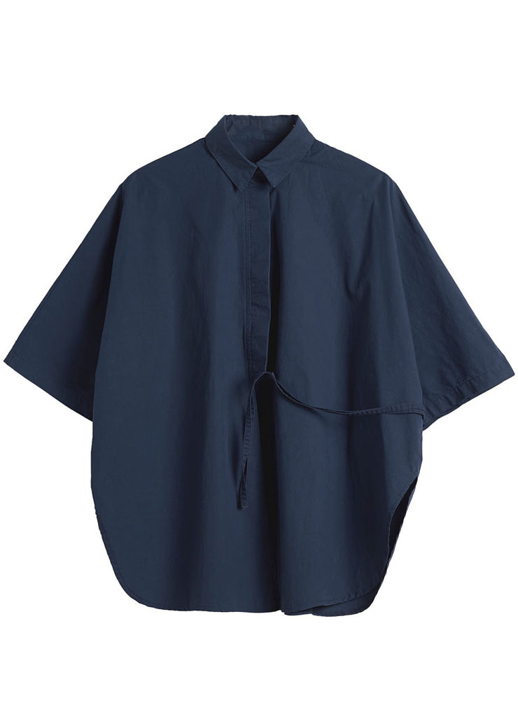 Organic Navy Cinched Solid Cotton Blouses Half Sleeve