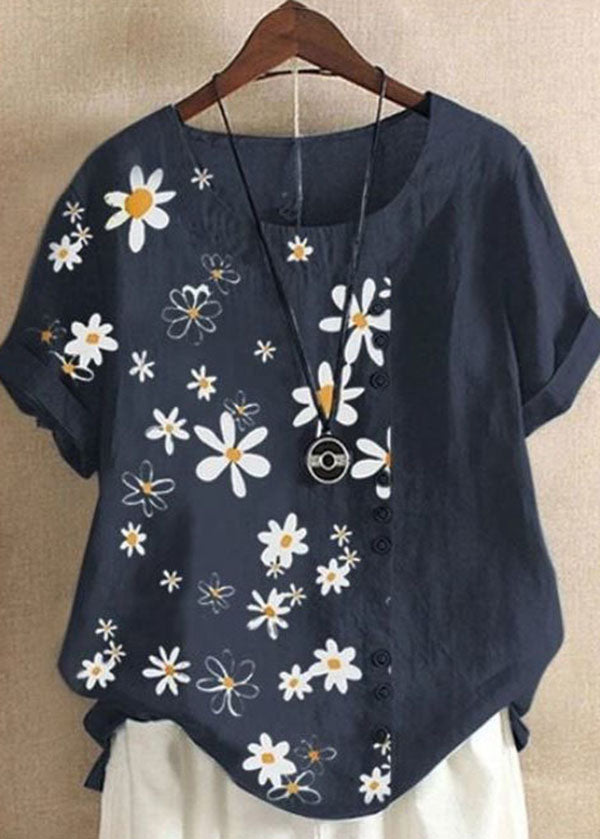 Organic Navy Dotted Daisy Print Patchwork Cotton T Shirts Tops Summer