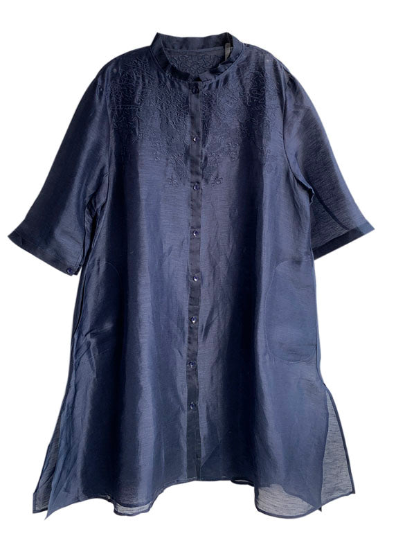 Organic Navy Embroidered Side Open Linen Silk Shirts Half Sleeve