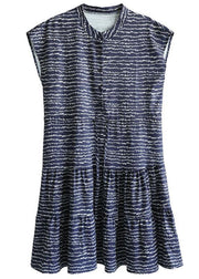 Organic Navy O-Neck Button Print Summer Short Sleeve Dress - SooLinen