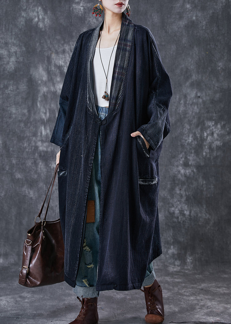 Organic Navy Oversized Chinese Button Cotton Trench Coats Spring
