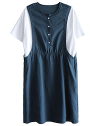 Organic Navy Patchwork Button Summer Short Sleeve Sundress - SooLinen