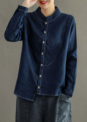 Organic Navy Stand Collar Asymmetrical Patchwork Button Linen Shirts Long Sleeve